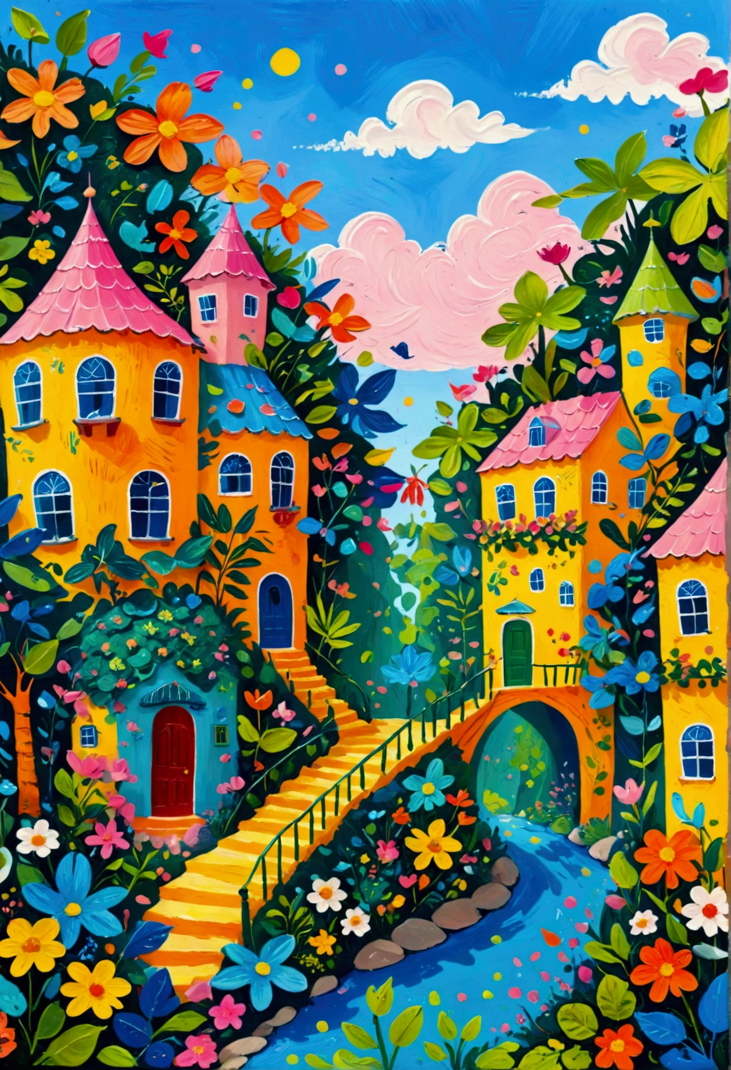 a painting of a colorful city surrounded by trees and plants, jane newland, colorful illustration, beautifully illustrated, colourful jungle, jen bartel, holy city | illustration, colorfull illustration, vibrant gouache painting scenery, detailed gouache paintings, colorful concept art, magical jungle, magical village, mysterious jungle painting, in gouache detailed paintings, vibrant tourism poster, dreamy illustration