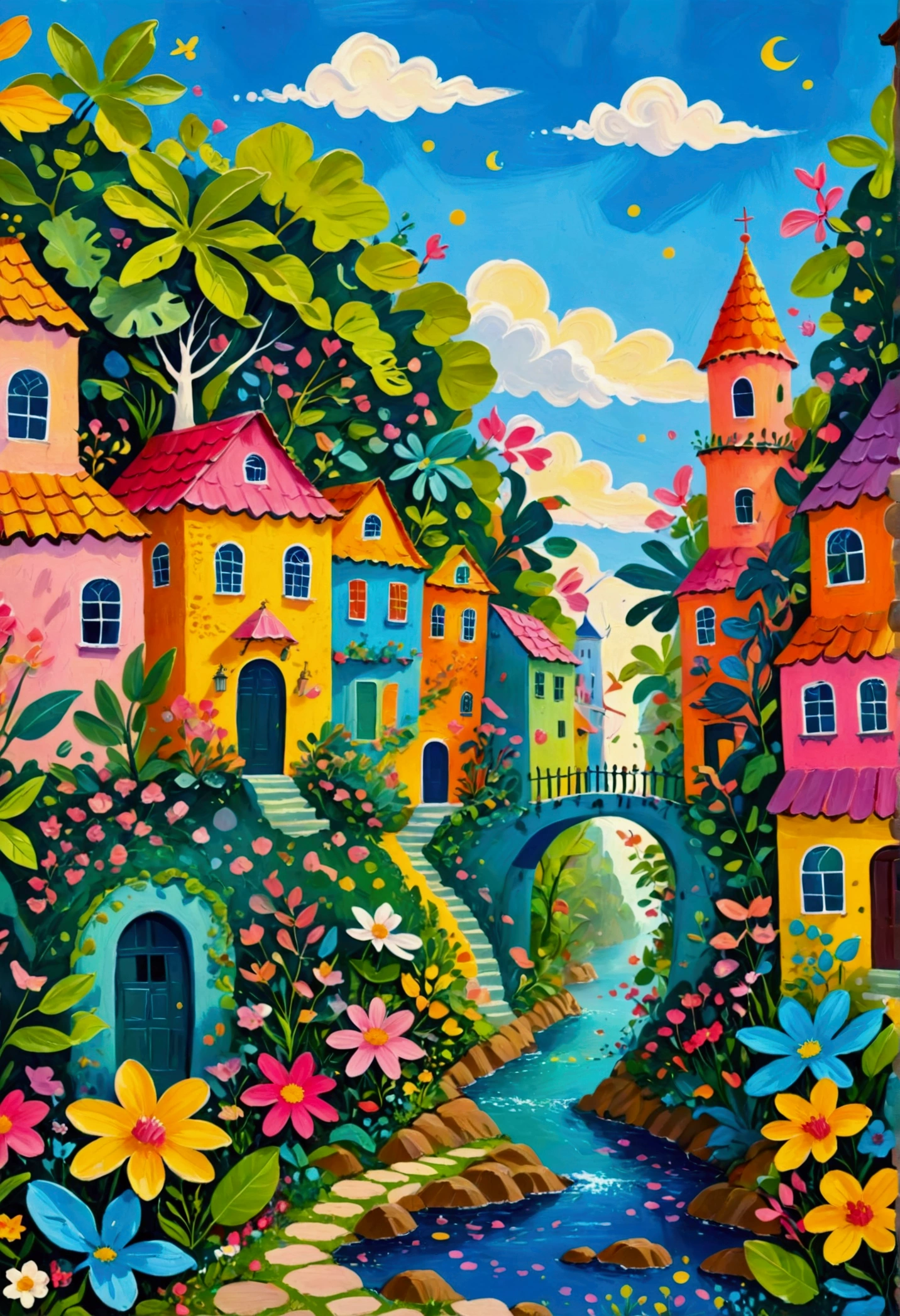 a painting of a colorful city surrounded by trees and plants, jane newland, colorful illustration, beautifully illustrated, colourful jungle, jen bartel, holy city | illustration, colorfull illustration, vibrant gouache painting scenery, detailed gouache paintings, colorful concept art, magical jungle, magical village, mysterious jungle painting, in gouache detailed paintings, vibrant tourism poster, dreamy illustration