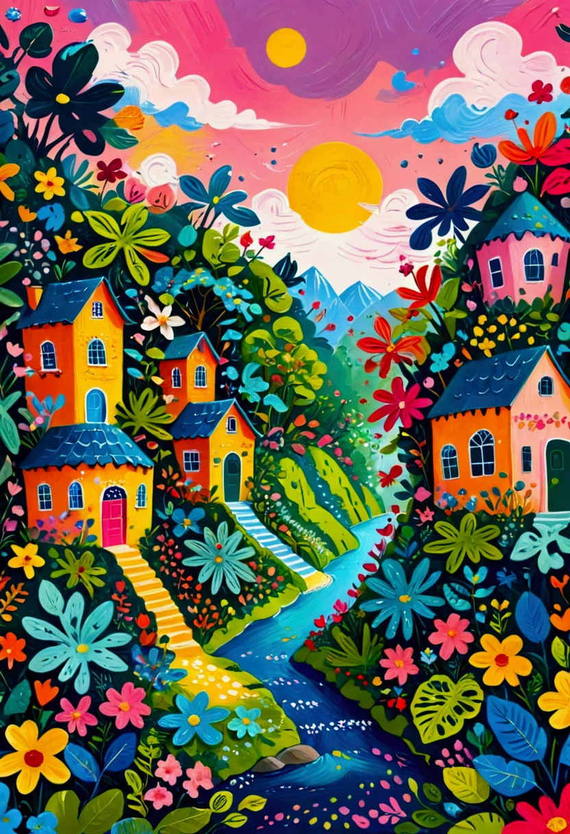 a painting of a colorful city surrounded by trees and plants, jane newland, colorful illustration, beautifully illustrated, colourful jungle, jen bartel, holy city | illustration, colorfull illustration, vibrant gouache painting scenery, detailed gouache paintings, colorful concept art, magical jungle, magical village, mysterious jungle painting, in gouache detailed paintings, vibrant tourism poster, dreamy illustration