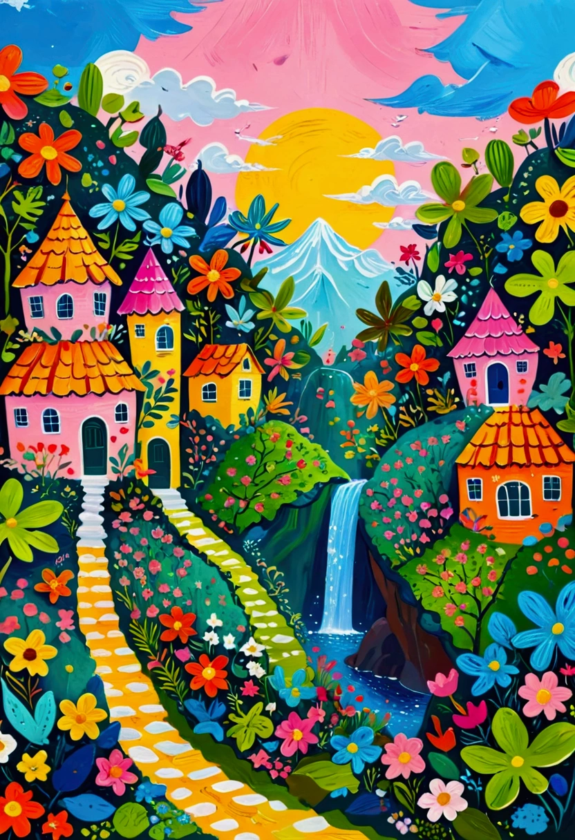 a painting of a colorful city surrounded by trees and plants, jane newland, colorful illustration, beautifully illustrated, colourful jungle, jen bartel, holy city | illustration, colorfull illustration, vibrant gouache painting scenery, detailed gouache paintings, colorful concept art, magical jungle, magical village, mysterious jungle painting, in gouache detailed paintings, vibrant tourism poster, dreamy illustration