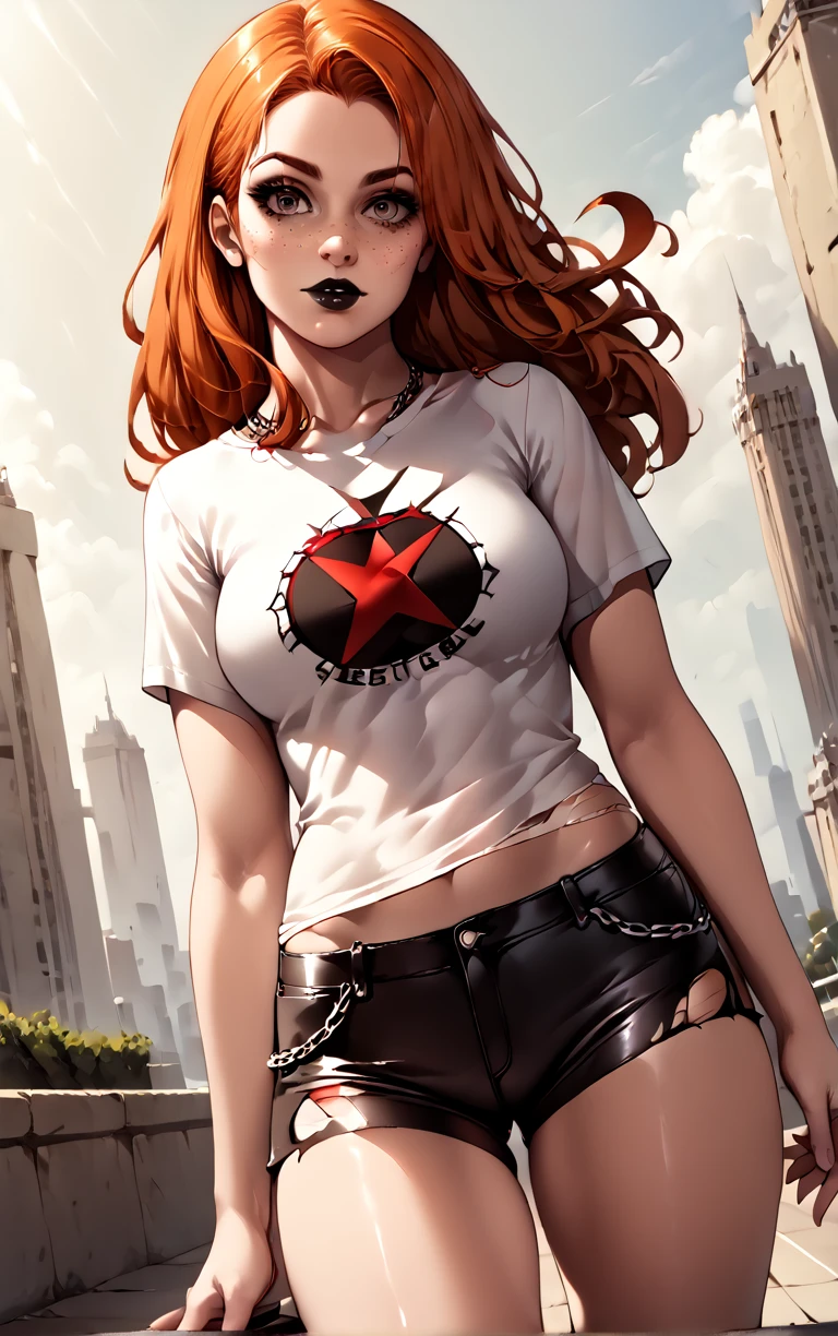 alt girl, (best quality, masterpiece, aesthetic, colorful, dynamic angle, detailed), woman with long ginger hair, black lips and eyeliner, wearing oversize t-shirt, belted shorts with chain, ripped tights, chocker, detailed face, best aesthetic, soft light  