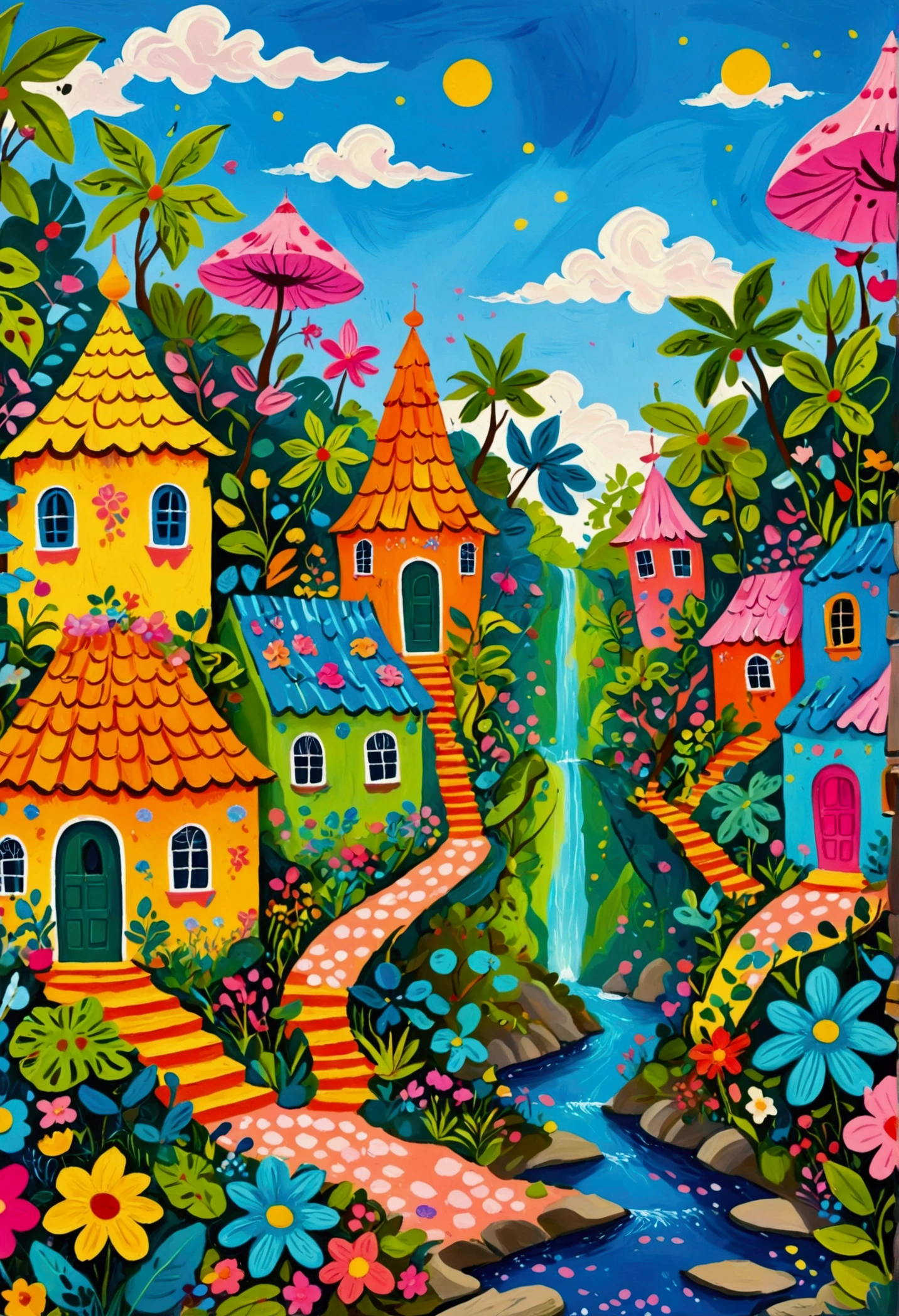 a painting of a colorful city surrounded by trees and plants, jane newland, colorful illustration, beautifully illustrated, colourful jungle, jen bartel, holy city | illustration, colorfull illustration, vibrant gouache painting scenery, detailed gouache paintings, colorful concept art, magical jungle, magical village, mysterious jungle painting, in gouache detailed paintings, vibrant tourism poster, dreamy illustration