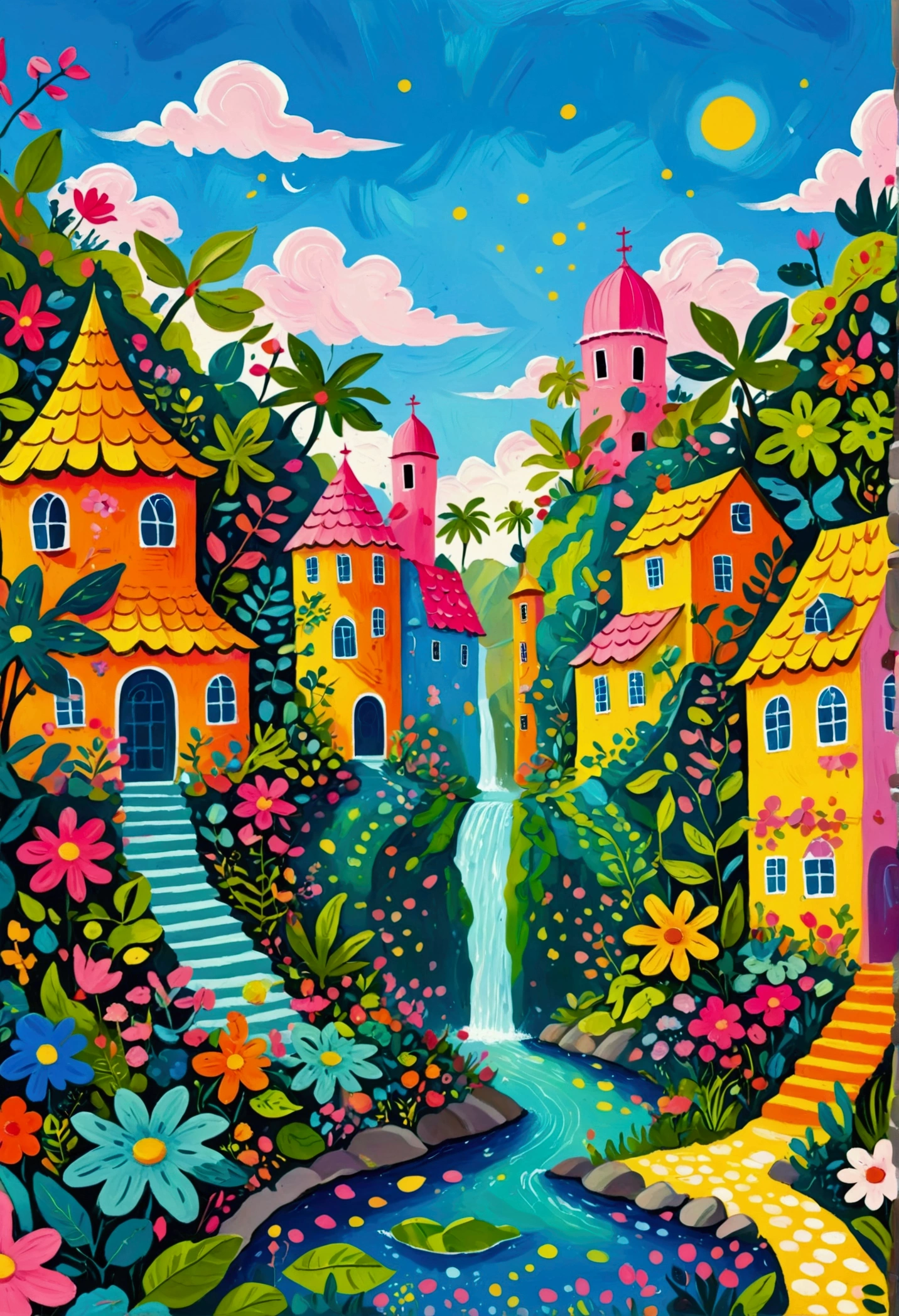 a painting of a colorful city surrounded by trees and plants, jane newland, colorful illustration, beautifully illustrated, colourful jungle, jen bartel, holy city | illustration, colorfull illustration, vibrant gouache painting scenery, detailed gouache paintings, colorful concept art, magical jungle, magical village, mysterious jungle painting, in gouache detailed paintings, vibrant tourism poster, dreamy illustration