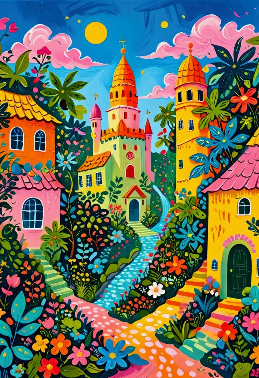 a painting of a colorful city surrounded by trees and plants, jane newland, colorful illustration, beautifully illustrated, colourful jungle, jen bartel, holy city | illustration, colorfull illustration, vibrant gouache painting scenery, detailed gouache paintings, colorful concept art, magical jungle, magical village, mysterious jungle painting, in gouache detailed paintings, vibrant tourism poster, dreamy illustration