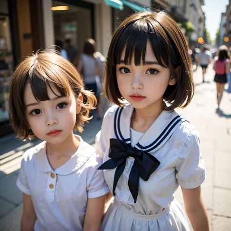 innocent girl, little kid, medium haircut, bangs between eyes, sailor collar, pleasant, walk and eat, crowded shopping street, m...