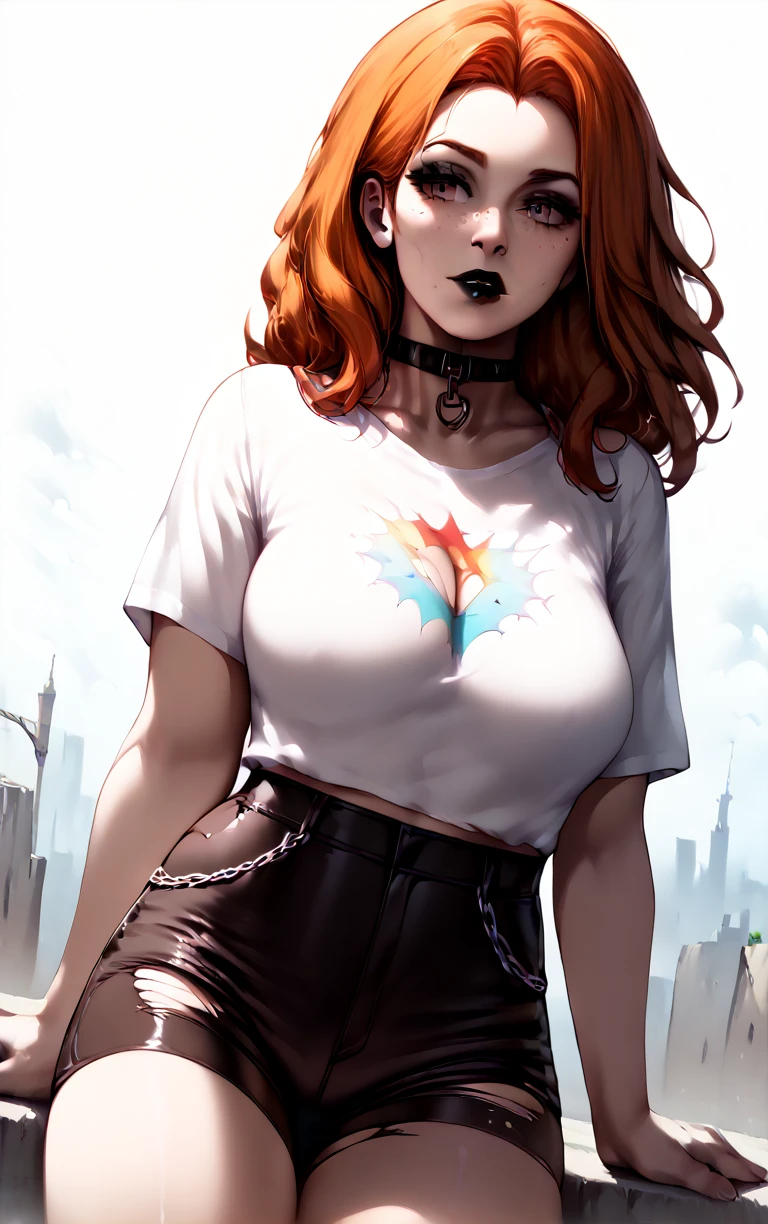 alt girl, (best quality, masterpiece, aesthetic, colorful, dynamic angle, detailed), woman with long ginger hair, black lips and eyeliner, wearing oversize t-shirt, belted shorts with chain, ripped tights, chocker, detailed face, best aesthetic, soft light  