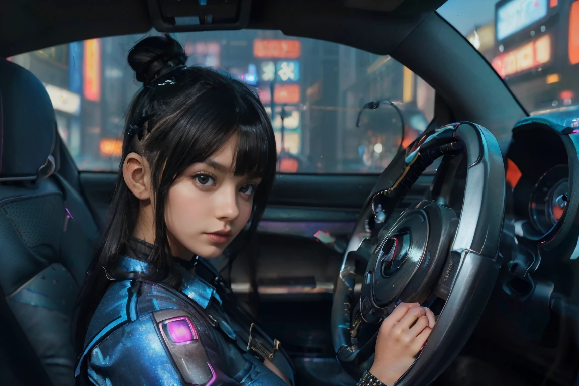 ((masterpiece, Best Quality, Best image quality, High resolution, Realistic, RAW Photo 8k))、((SF、Cyberpunk cityscape:1.2))、(European Girls)、Thin Nose、Beautiful Face, 1 female、beautiful girl、(Junior high school students:1.5)、(Bright dark blue eyes、Sharp Eye:1.2)、(beautiful girl:1.2)、(Black Hair、Undercut Hair、bun:1.2)、((cyberpunk Sexy School Uniform:1.2))、(Looking into the camera:1.3)、(Composition on knees:1.2)、((underboob:1.2))、((Girl in a car、Girl holding the wheel of a car:1.5))