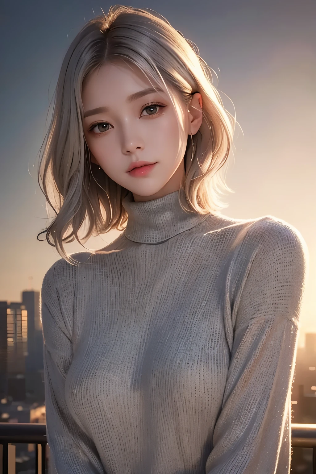 (Best Quality、High resolution、masterpiece)、Super detailed、(Real、Photorealistic)、(Beautiful woman)、((Slightly dark, blonde-ish silver-gray short bob hair with gentle waves.))、A friendly, gentle smile、Beautifully detailed eyes that reflect light、Beautiful, Shiny Lips、Long eyelashes、(Small breasts)、Autumn outfit、Turtleneck sweater、Portrait、Subtle Shadows、Sharp Focus、Soft Focus、Deep Shadows、Surreal and fantastical beauty、Emphasis on light and dark、Blurred Background、Impressive city sunset、dusk、