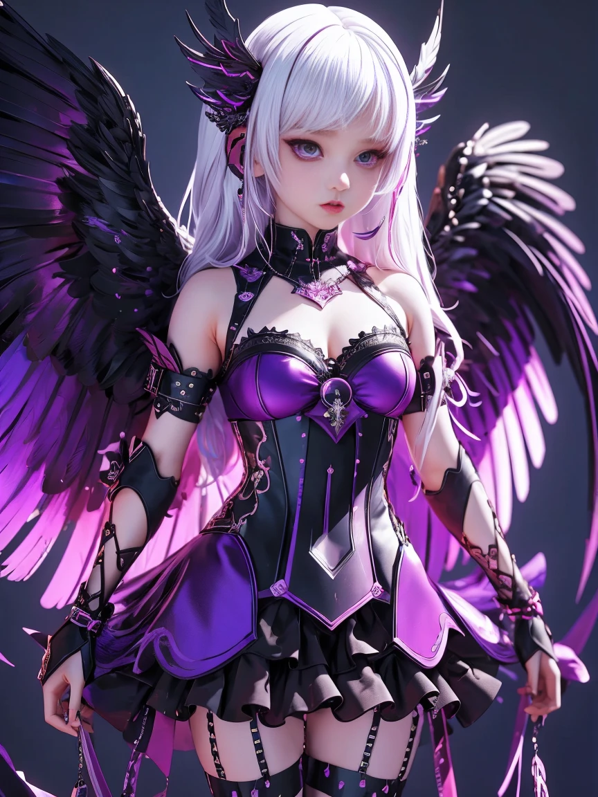 (masterpiece, best quality:1.2), 1 Girl, solo, White hair, Black Wings, wearing purple clothes, Decorated with pink hardware, anime style character, (whole body:1.3), Various postures, Black rainbow foil and dark purple gradient effect, It has exquisite details, Ultra-clear resolution, And cute cartoon characters