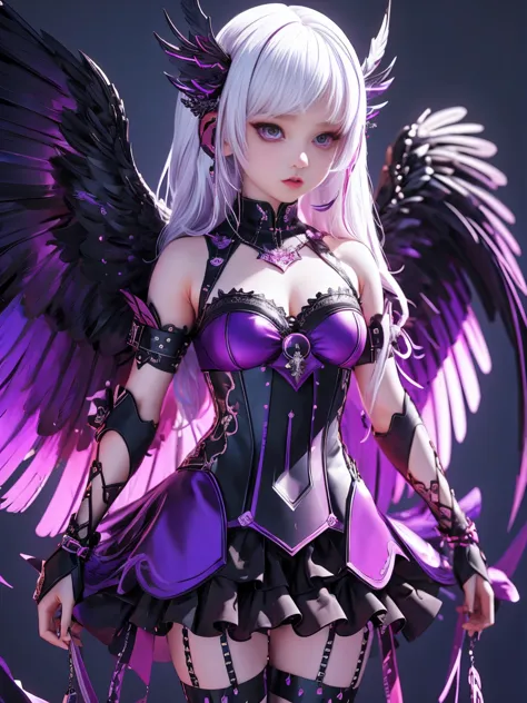 (masterpiece, best quality:1.2), 1 girl, solo, white hair, black wings, wearing purple clothes, decorated with pink hardware, an...