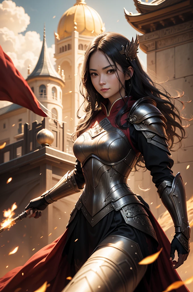 Armored１People Women, smile, clear, Hanfu, Wearing light armor, Tight waist, Long Hair, Black Hair, black eye, Five fingers, An old Chinese castle in the background, cinematic lighting, cowboy shot, anime, UHD, retina, masterpiece, accurate, anatomically correct, textured skin, super detail, high details, high quality, award winning, best quality, highres