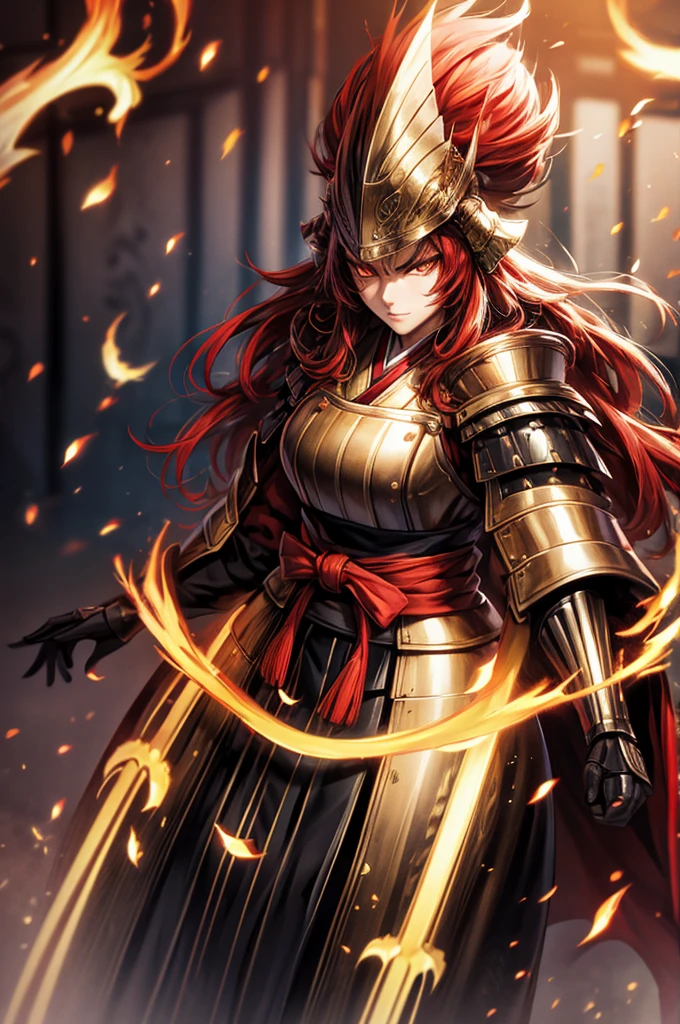 wearing armor One adult female, wearing light armor, wearing black kimono, Long Hair, red hair, golden Eyes, snake pupils, Light makeup, intense anger, tite waist, full body, big hair, hair over eye, Devil horns on head, anime, cinematic lighting, cowboy shot, UHD, retina, masterpiece, accurate, anatomically correct, textured skin, super detail, high details, high quality, award winning, best quality, highres, 8k