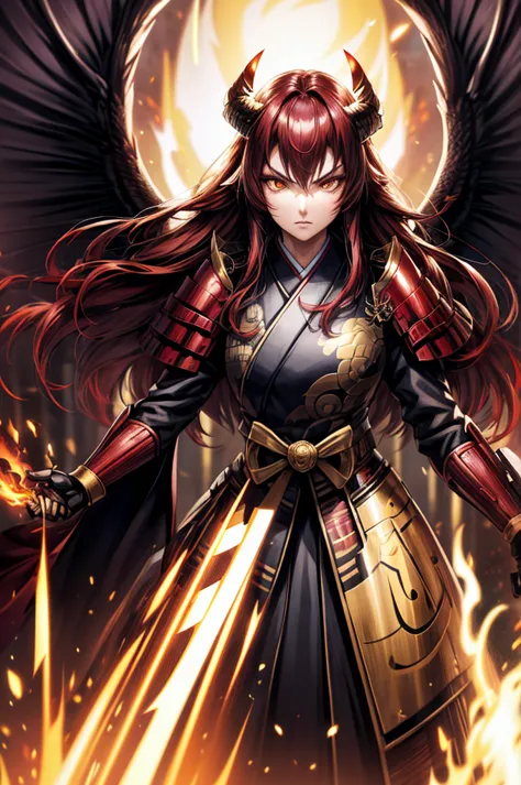 wearing armor one adult female, wearing light armor, wearing black kimono, long hair, red hair, golden eyes, snake pupils, light...