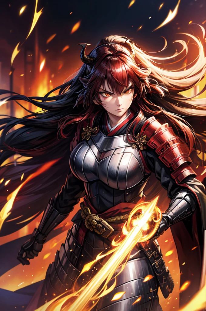 wearing armor One adult female, wearing light armor, wearing black kimono, Long Hair, red hair, golden Eyes, snake pupils, Light makeup, intense anger, tite waist, full body, big hair, hair over eye, Big head with devil horns, anime, cinematic lighting, cowboy shot, UHD, retina, masterpiece, accurate, anatomically correct, textured skin, super detail, high details, high quality, award winning, best quality, highres, 8k