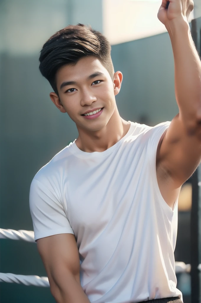 (armface:1.3), handsome young man standing and smiling, (mustache:0.8), (short hair:1.2), (round neck t-shirt:1.3), (white shirt:1.5), black pants, (big muscles:1.5), handsome and muscular, full body angle, ( boxing gloves:1.3), (boxing ring), (blurred background:1.5)