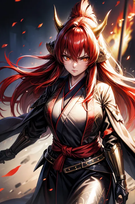 wearing armor one adult female, wearing light armor, wearing black kimono, long hair, red hair, golden eyes, snake pupils, light...