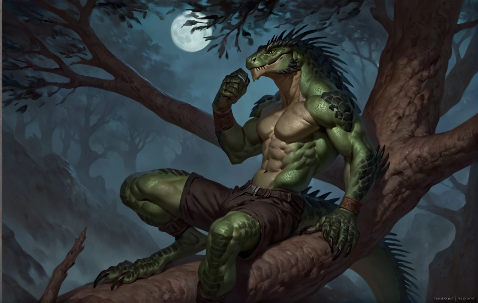 Muscular monster lizardfolk, solo, mercenary, dark green body, black belly, 1male solo, anthro, full body, wide back, small waist, thick tail, thick scales on the shoulders, marked jaw, big pectorals, pants, comicbook style, sitting on a tree, night time,  best quality, 4k, ultra-detailed, by laobai, by taran fiddler, by honovy