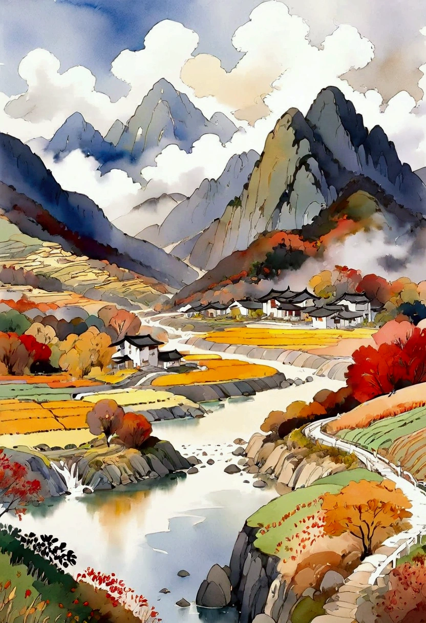 Watercolor mountain and river background, surrounded by clouds, Autumn, Terraced fields, illustration style, minimalist style, golden color matching, Wu Guanzhong style