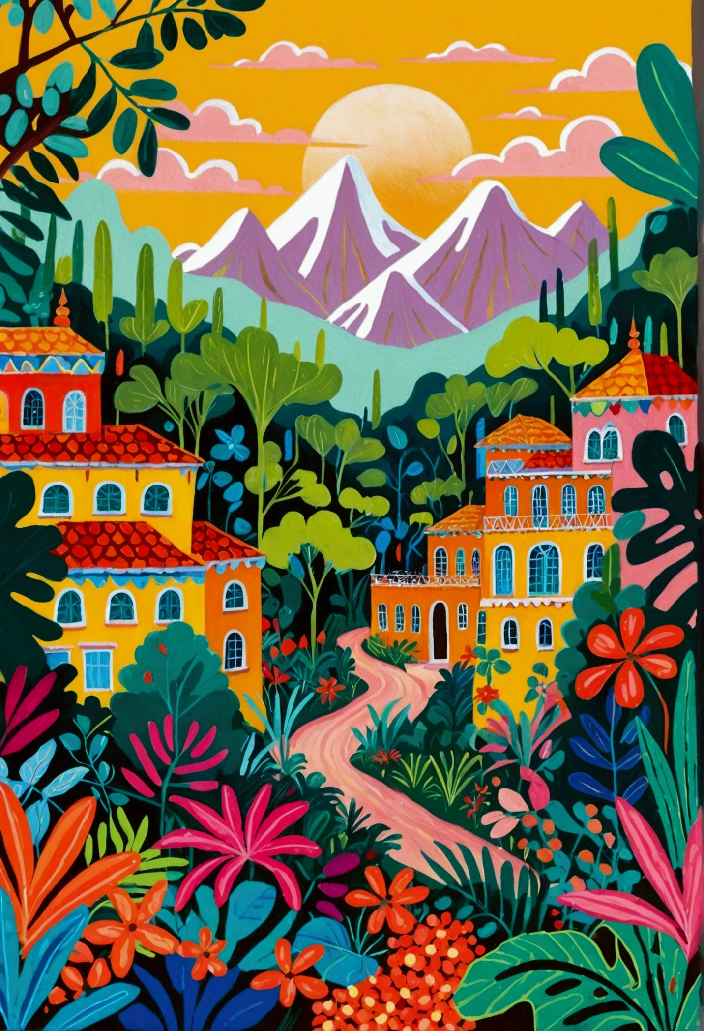 a painting of a colorful city surrounded by trees and plants, jane newland, colorful illustration, beautifully illustrated, colourful jungle, jen bartel, holy city | illustration, colorfull illustration, vibrant gouache painting scenery, detailed gouache paintings, colorful concept art, magical jungle, magical village, mysterious jungle painting, in gouache detailed paintings, vibrant tourism poster, dreamy illustration