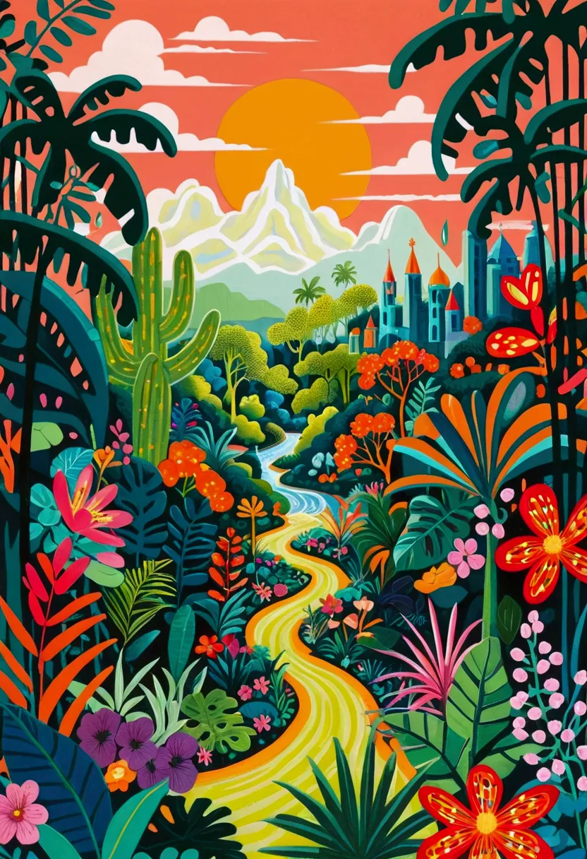 a painting of a colorful city surrounded by trees and plants, jane newland, colorful illustration, beautifully illustrated, colo...