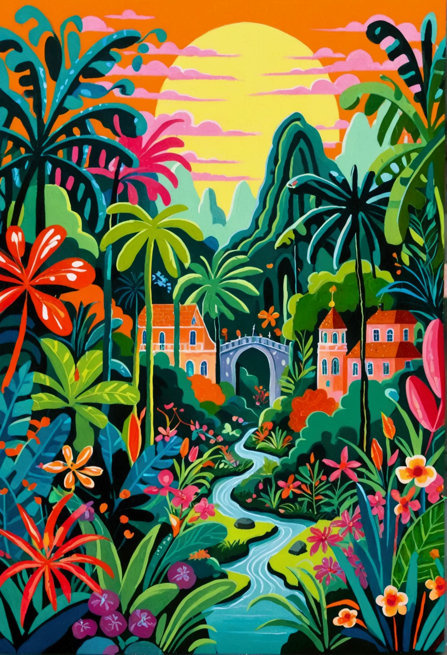 a painting of a colorful city surrounded by trees and plants, jane newland, colorful illustration, beautifully illustrated, colo...