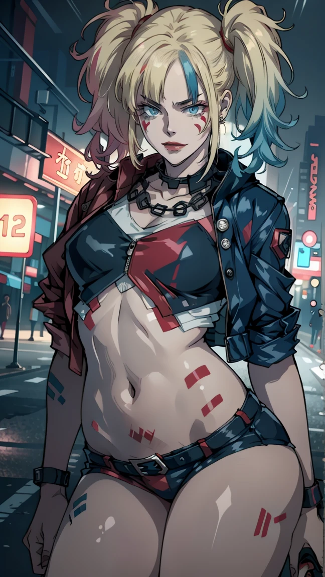 Harley Quinn from Suicide Squad, slim body, short hair, erotica, gun in hand, at full height (body full 1.1.), smile with a grin, scream, sexy eyes, foreground, I look at the viewer, 8 k, High quality , Very detailed eyes, elongated face, Cyberrealism, beautiful eyes, Realistic, High quality, thick, portrait, beautiful eyes , silky hair, slim body, hair on one side, Hot lips, Eyes are the same size, young face, high legs, Very detailed eyes, shiny body, tattoos, pink hair, detailed eyes, freckles, Eyes of the same color,  sexual, face to face,  SPLIT, visible navel,