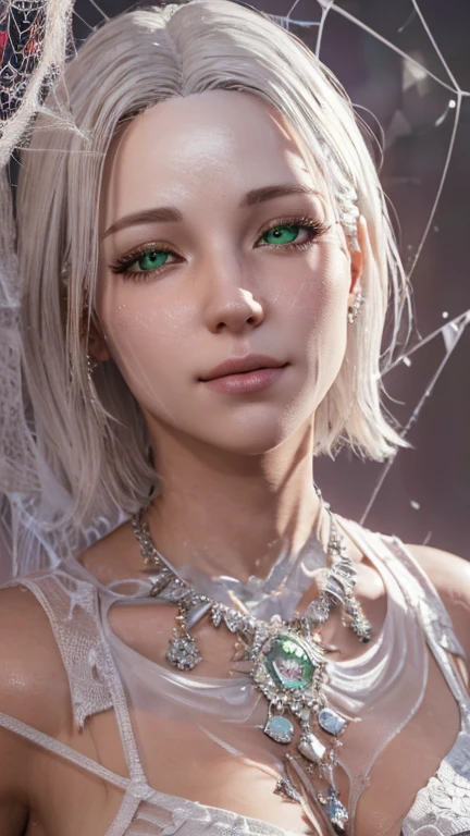 portrait, close-up, upper body. Short, White hair, glowing green eyes, white dress, cheerful smile, happy girl . (masterpiece, top quality, best quality, official art, beautiful and aesthetically pleasing:1.2), extremely detailed,(fractal art:1.2),Colorful,The most detailed, (dynamic pose), (ghost background:1.5), (lots of cobwebs:1.4). ((SPLIT. Skin texture, chalk white skin. elegance. photorealism. unreal engine. 3D model. Ultra high quality textures. high detail. permission 8k))