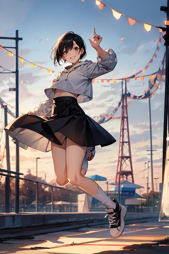 Best Quality, One person,Androgynous men,Flat Chest,Black Hair,Short Bob Cut,See-through,race,White open-front hoodie,Puffy culottes skirt,Ribbon on waist,Stylish skirt,Short socks,Big sneakers,弾けるsmile, Jumping energetically,wind,smile,Portraits, Shooting at an amusement park