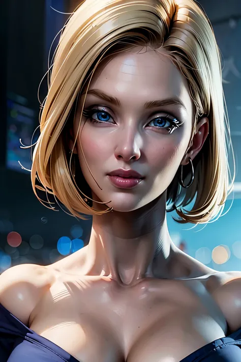 a realistic masterpiece front portrait of a stunning blonde woman in her 30s, featuring expressive blue eyes, ((short blunt bobb...