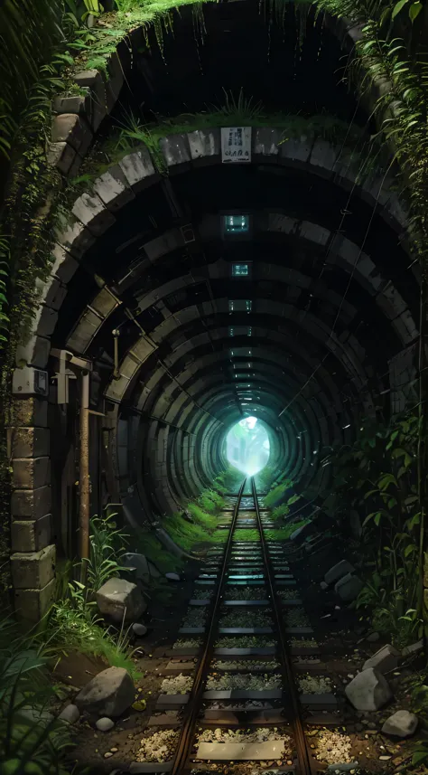 a close up of a train track going through a tunnel, dark train tunnel entrance, tunnels lead to different worlds, tunnel, light ...