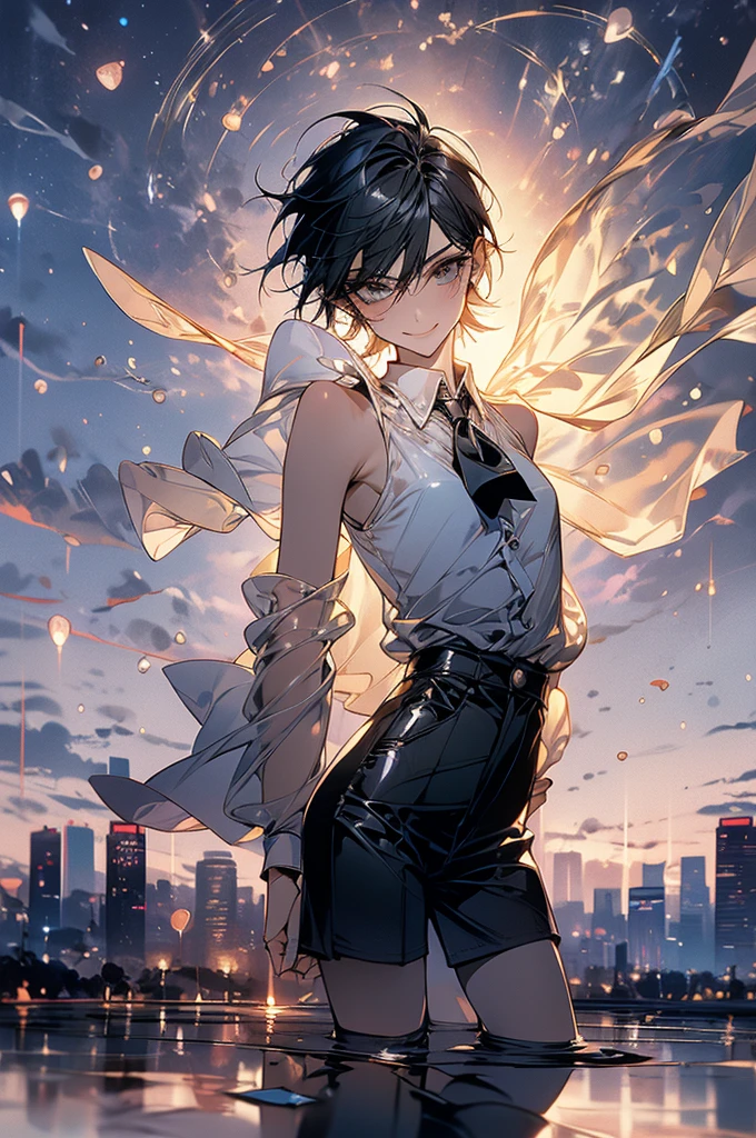 Best Quality, One person,Androgynous men,Flat Chest,Black Hair,Short Bob Cut,See-through,race,Sleeveless blouse,Ribbon tie,Short culottes,Ribbon on waist,Short socks,Big sneakers,弾けるsmile,wind,smile,Portraits, Overlooking the skyscrapers