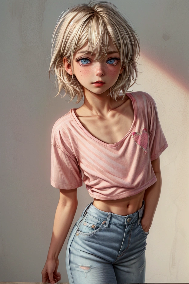 Anime style, Highres, Masterpiece, Best quality at best, Best Quality, hight quality, hight detailed, 1boy, (little boy), blonde boy, boy face, boy body, cute boy, femboy, detailed light blue eyes, short hair, messy hair, bangs, pastel rainbow inner hair color mesh, shy smile, boy flirty posing, wears a pink and white striped wears a pink and white striped short sleeve cropped T-shirt, (no breast), bare arms, smooth tummy, dark blue denim high waist skinny jeans, (pink hearts embroidered on jeans), (belted jeans), pink glitter belt, (tiny bulge on jeans), boy body, boy waist, Standing, sunny afternoon at park, highest quality,