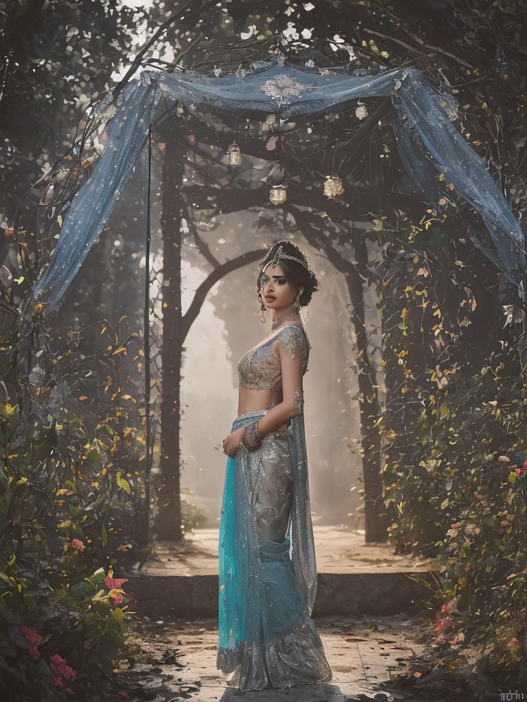 (((Stunningly Beautiful persian Princesss ))), elegant blue black updo hair, sweet smile, Beautiful bride posing under a fairy tale arch of exotic magical flowers, looking back,elaborate scene style, crystal glass lattice, glitter, transparent embroidered lace, realistic style, 8k,exposure blend, medium shot, bokeh, (hdr:1.4), (cinematic), ( dark tones:1.3), (hyperdetailed:1.2),Realism,1 girl,girl wearing indian saree(dressed in transparent saree)(wearing glitter graphics jewelry) medium ,Sexy medium Breast,nipple,bright light ,long_hair, Bokeh ,nsfw , indian ,tree branch, colourfull ,undersized bra,princess dress,lehenga choli Canceled by the system