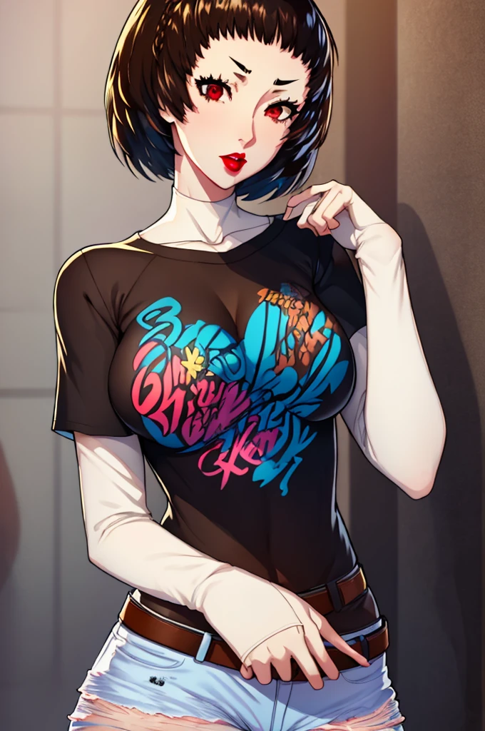 Makoto niijima, brown hair, crown braid, red eyes, 1girl, solo, standing, black t-shirt, white shirt, blue jeans, belt, lipstick, large breasts