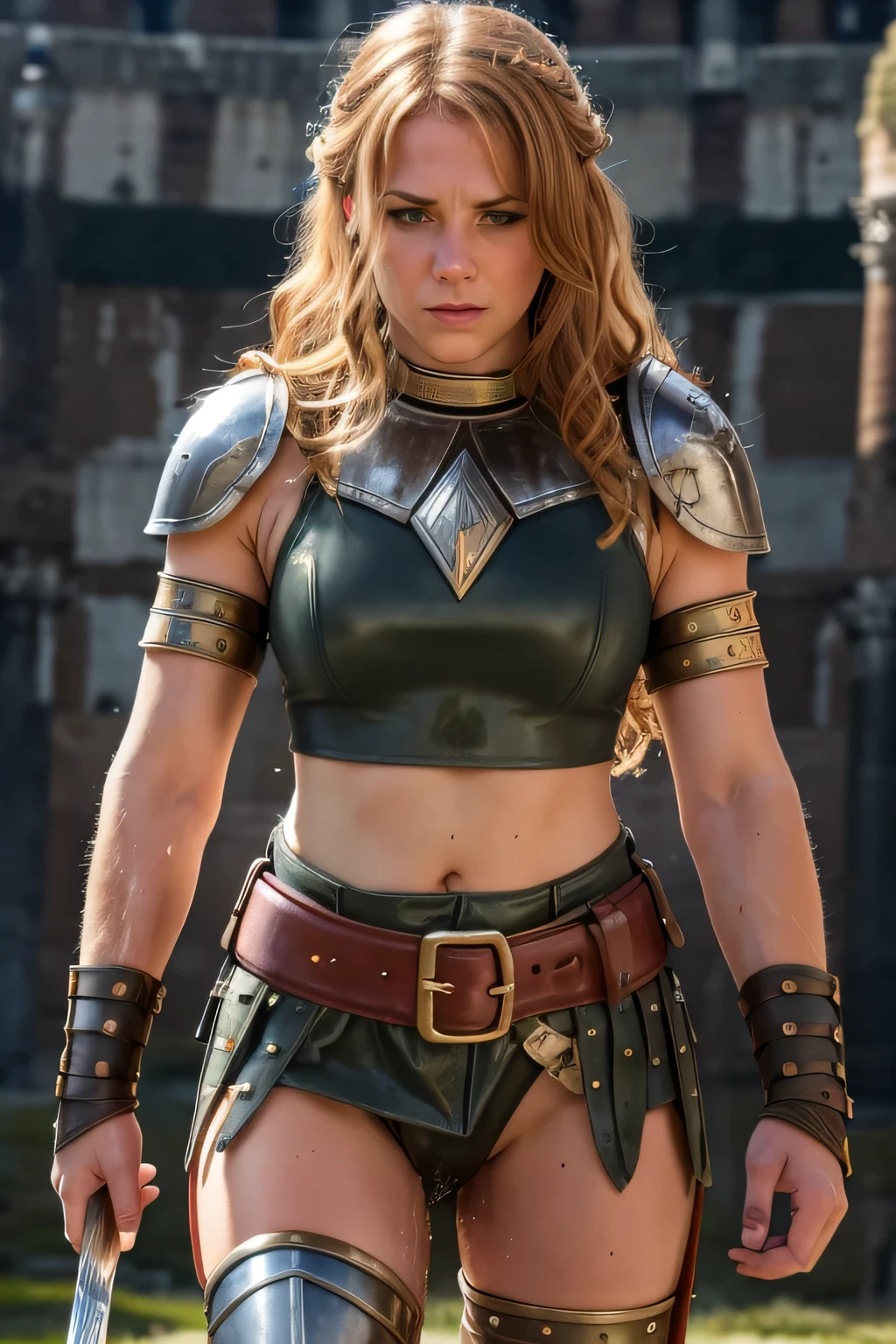 8k high resolution, best quality, gaul girl, 20years okd, short curly strawberry blonde hair, decent makeup, ancient rome, wearing loincloth and a light leather chestplate and gladius, cowardly female gladiator, standing in the arena of the Colosseum, eyes wide open, tears running down her cheeks, smeared makeup, peeing her loincloth, pee pants accident, visible wet loincloth, peeing herself, cowardly, scared, visibly wet peestain, pee running down her legs, visibly wet fabric of her loincloth, unexperienced gladiator