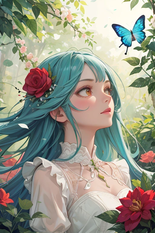 Portrait masterpiece, Best Quality, Very detailed, floating, Beautiful fine details, Detailed light, fruit, flower, colorful, garden, colorful background, forest, bird, butterfly