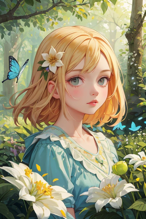 Portrait masterpiece, Best Quality, Very detailed, floating, Beautiful fine details, Detailed light, fruit, flower, colorful, garden, colorful background, forest, bird, butterfly