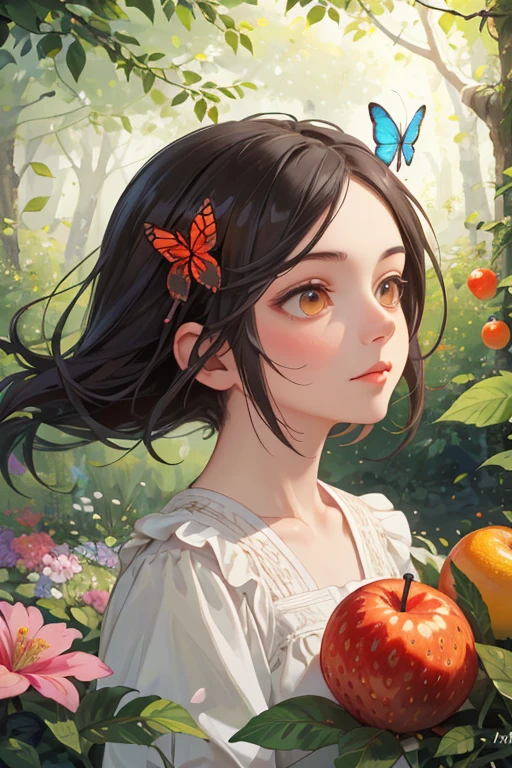 Portrait masterpiece, Best Quality, Very detailed, floating, Beautiful fine details, Detailed light, fruit, flower, colorful, garden, colorful background, forest, bird, butterfly