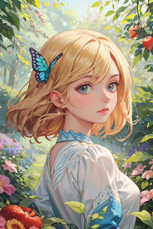 Portrait masterpiece, Best Quality, Very detailed, floating, Beautiful fine details, Detailed light, fruit, flower, colorful, garden, colorful background, forest, bird, butterfly