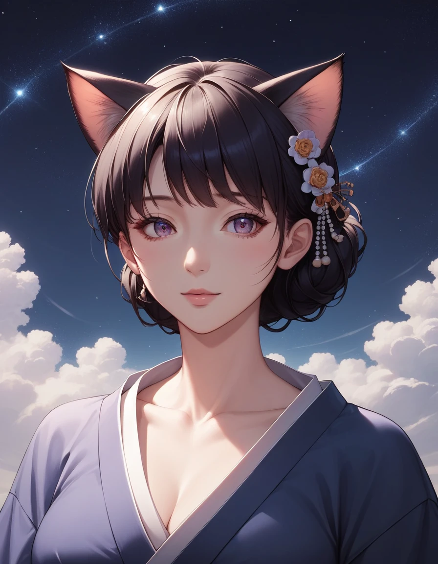 Anime cat girl wearing cat ears kimono, Looking over your shoulder, Anime drawing by Yang J, pixiv Contest Winner, Serial Art, デジタルAnime illustration, kawashi, Anime-style illustrations, Anime Style 4k, Beautiful anime portraits, Anime style portrait, Anime style artwork, Gwaise style artwork, Anime illustration, Digital anime art, Detailed Digital anime art, Beautiful starry sky, ((Beautiful night view))