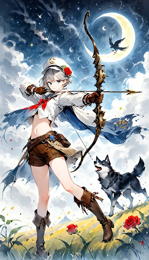 ((best quality)), ((famous paintings)), (detailed),a girl aiming a bow,2,silver hair,short hair,partial bangs,blue eyes,short wh...