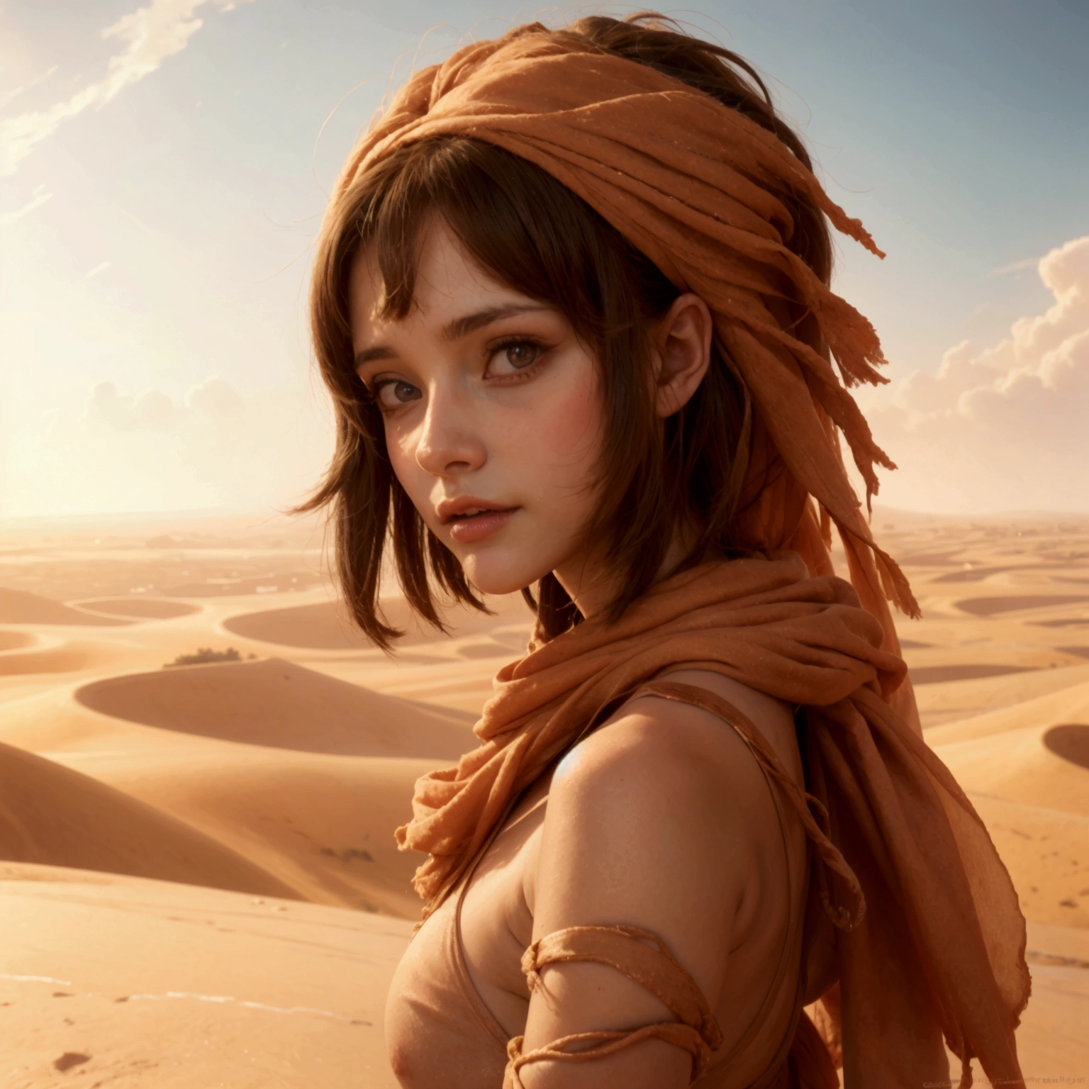 a beautiful cute girl wandering in the desert, extremely wide field of view, official art, best quality, masterpiece, photorealistic, 8k, ultra-detailed, dramatic lighting, glowing warm colors, dramatic atmosphere, volumetric fog, epic sandstorm, sweeping cinematic composition