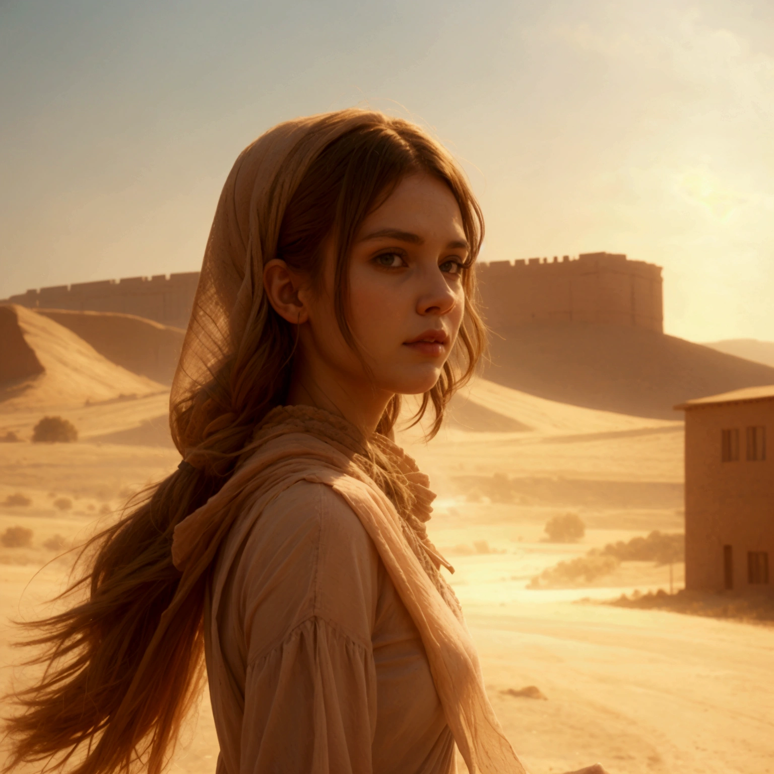 a beautiful cute girl wandering in the desert, extremely wide field of view, official art, best quality, masterpiece, 8k, ultra-detailed, dramatic lighting, glowing warm colors, dramatic atmosphere, volumetric fog, epic sandstorm, sweeping cinematic composition,super-wide-angle