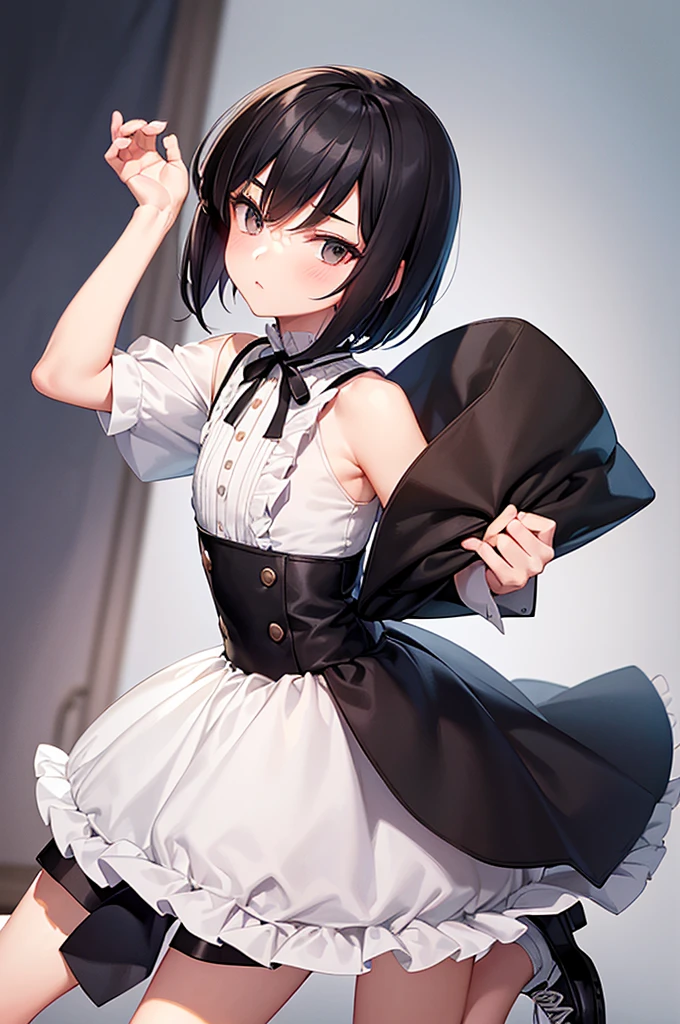 Best Quality, 1boy,Androgynous boy,(Flat Chest:1.3),Black Hair,Short Bob Cut,White ruffled blouse,(Short culottes),Ribbon on waist,Striped socks,Big sneakers,blush one&#39;s cheeks,Smiling Kindly,wind,smile,Portraits,(Shooting at an amusement park:2.0),Anatomically correct