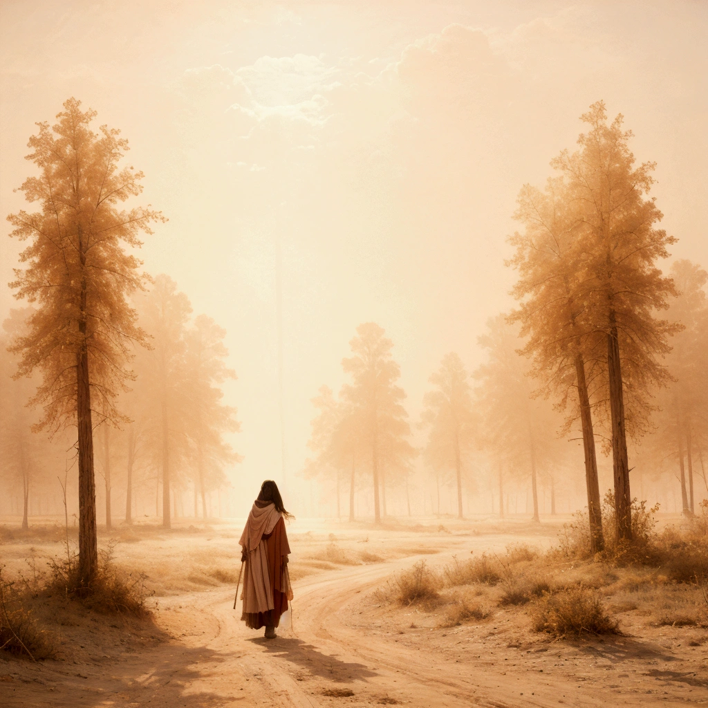 a beautiful cute girl wandering in the desert, extremely wide field of view, official art, best quality, masterpiece, 8k, ultra-detailed, dramatic lighting, glowing warm colors, dramatic atmosphere, volumetric fog, epic sandstorm, sweeping cinematic composition,super-wide-angle,desert