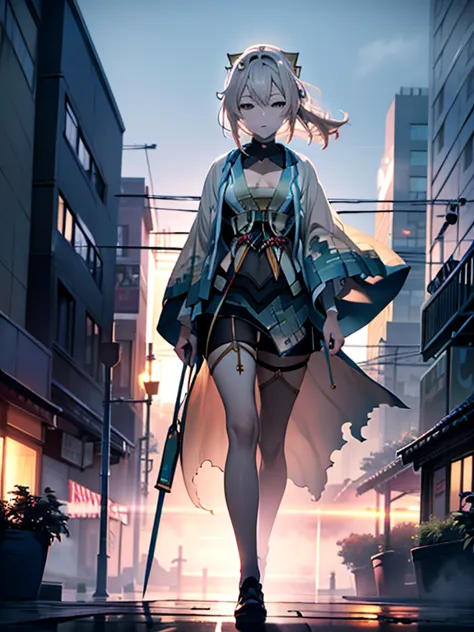 kazama iroha,draw the sword、walk、night、fog、city、（best quality、８k）、（very beautiful artwork）（ultra hd）