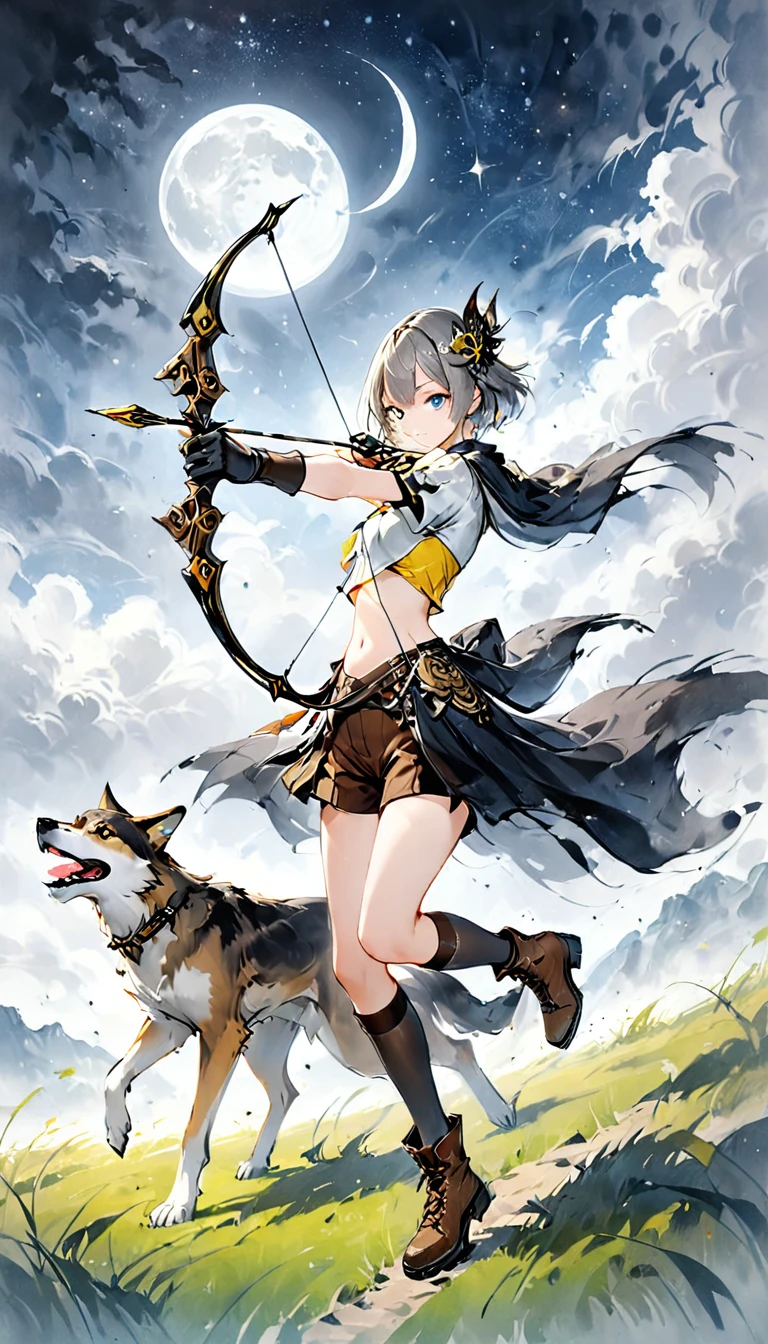 ((Best Quality)), ((Famous Paintings)), (detailed),Full body shot of a girl aiming a bow,and bow,2,Silver short bob,Partial bangs,blue eyes, break, (A short yellow tube top with white short sleeves and a bikini), Belly button, break,Long gloves with connected sleeves, break, (((Black spats))),Brown shorts,Half boots,Brown knee-high socks,Starry Sky,Crescent moon hair accessory,grassland,Big Falcon,Big Wolf,Perfect Face,Focus on faces
