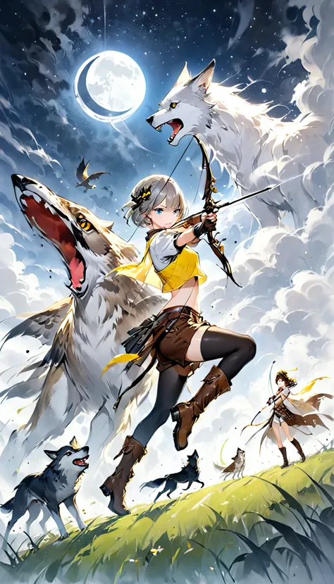 ((best quality)), ((famous paintings)), (detailed),full body shot of a girl aiming a bow,and bow,2,silver short bob,partial bang...