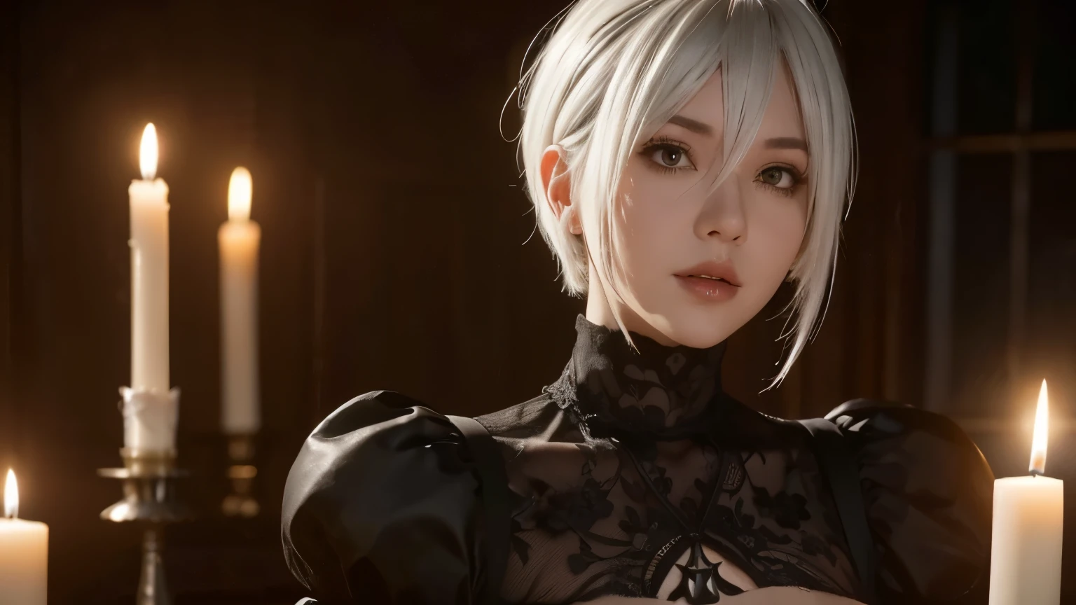 Nier Automata, 2B, Milf, White Hair, Short Hair, Sexy, Submission, Dress, Dark Romantic, Night, Dinner, Candles, High Details, Ultra HD, 4K