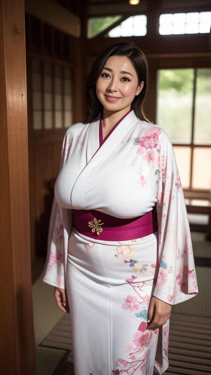 （（最high quality，8k，masterpiece：1.3））， Realistically， Sharp focus， high quality，  alone， Japanese， Middle-aged women， Beautiful woman， (((kimono)))， 4， plum， Light brown hair color，  Wrinkles around the eyes，  ((Voluptuous figure))， light makeup, ((Large Breasts)), smile, Big skeleton，((kimono))，((black))、((kimono))、Standing in front of the hut, Panoramic Lens, hyper HD、((A gentle smile))、((A gaze that seduces viewers))、((Looking to the side))、((Japanese style room background))